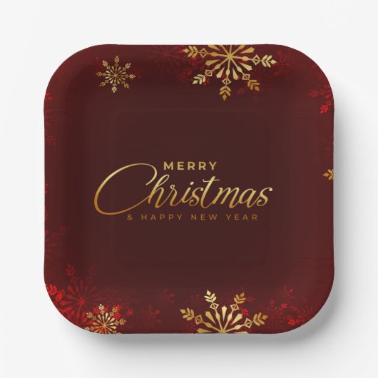 Frohe Weihnachten Neujahr Red Gold Script Winter Pappteller (Vorderseite)