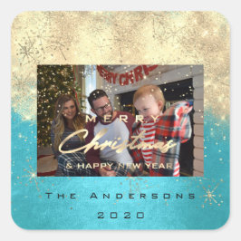 Frohe Weihnachten New Gold Glitzer Foto Blue Quadratischer Aufkleber