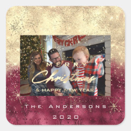 Frohe Weihnachten New Gold Glitzer Foto Burgundy Quadratischer Aufkleber