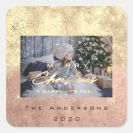 Frohe Weihnachten New Sepia Gold Glitzer Foto Peac Quadratischer Aufkleber