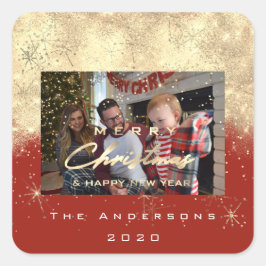 Frohe Weihnachten New Sepia Gold Glitzer Foto Red Quadratischer Aufkleber