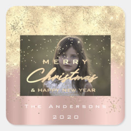 Frohe Weihnachten New Sepia Gold Glitzer Foto Rose Quadratischer Aufkleber