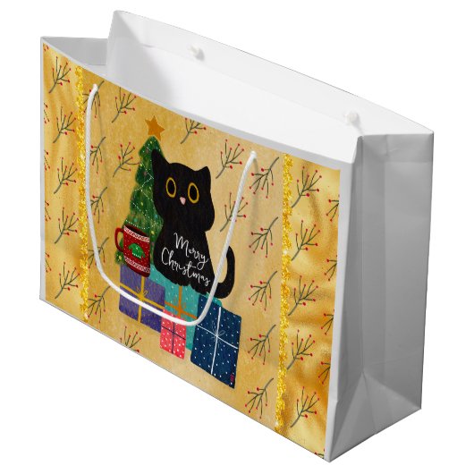 Frohe Weihnachten Niedlich Black Cat Kaffee Orange Große Geschenktüte (Vorderseite Schrägansicht)