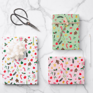Frohe Weihnachten Niedlich Doodle Whimsical Muster Geschenkpapier Set