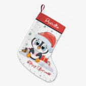 Frohe Weihnachten Niedlich glücklicher Pinguin mit Kleiner Weihnachtsstrumpf (Vorderansicht (hängend))