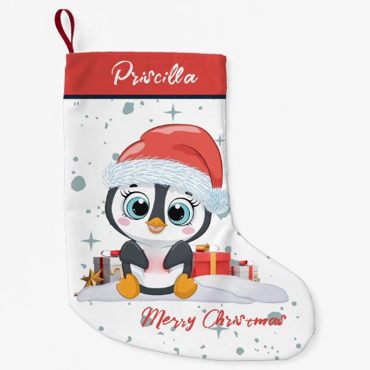 Frohe Weihnachten Niedlich glücklicher Pinguin mit Kleiner Weihnachtsstrumpf (Vorderseite)