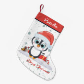 Frohe Weihnachten Niedlich glücklicher Pinguin mit Kleiner Weihnachtsstrumpf (Vorderansicht (hängend))