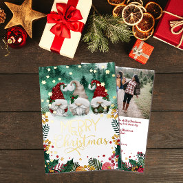 Frohe Weihnachten Niedlich Gnomes Gold Stars Foto Folien Feiertagskarte