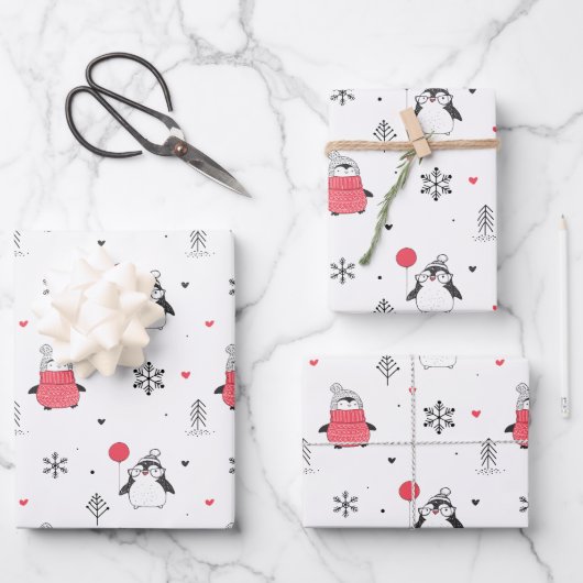 Frohe Weihnachten Niedlich Happy Pinguin in Hats W Geschenkpapier Set (Vorderseite)