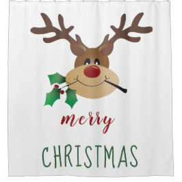 Frohe Weihnachten Niedlich Reindeer Mistletoe Red Duschvorhang