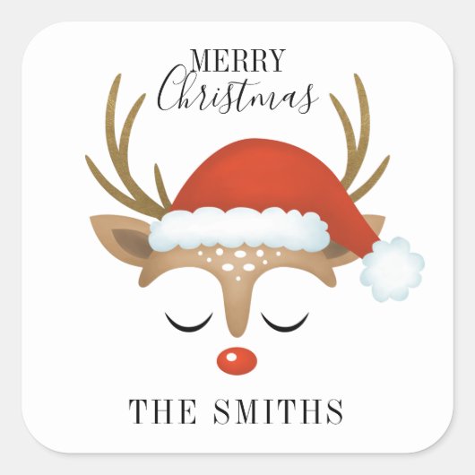 Frohe Weihnachten Niedlich Reindeer Quadratischer Aufkleber (Vorderseite)