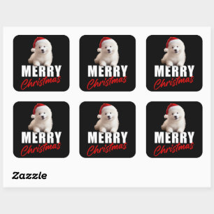 Frohe Weihnachten Niedlich Samoyed Welpe mit Weihn Quadratischer Aufkleber