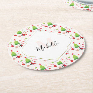 Frohe Weihnachten Niedlich Santa Monogram Runder Pappuntersetzer