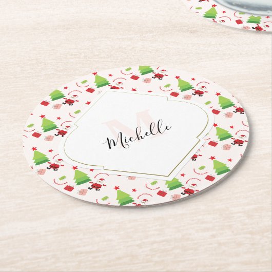 Frohe Weihnachten Niedlich Santa Monogram Runder Pappuntersetzer (Angewinkelt)