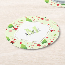 Frohe Weihnachten Niedlich Santa Monogram Runder Pappuntersetzer