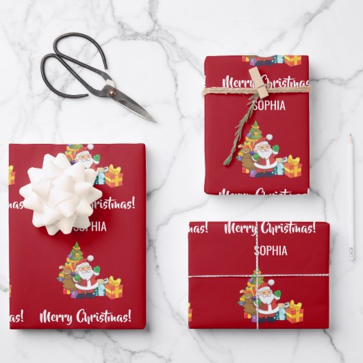 Frohe Weihnachten Niedlich Santa Personalize Name Geschenkpapier Set (Vorderseite)