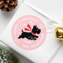 Frohe Weihnachten Niedlich Scottie Dog Name Pink Runder Aufkleber