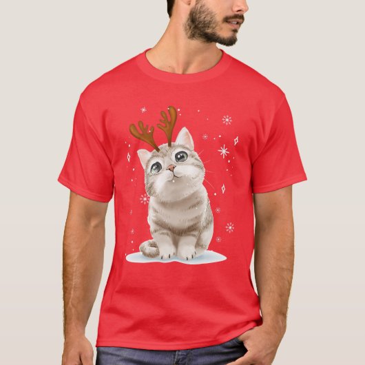 Frohe Weihnachten Niedliche Cat Rentier Matching F T-Shirt (Vorderseite)