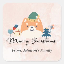 Frohe Weihnachten niedliche Shiba Hundeschenkschil Quadratischer Aufkleber