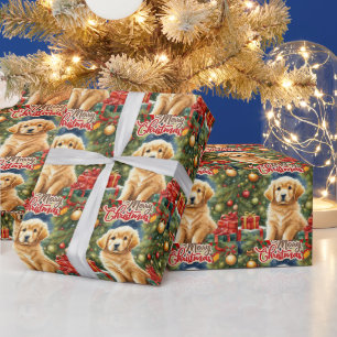 Frohe Weihnachten Niedliche Welpe und Weihnachtsba Geschenkpapier