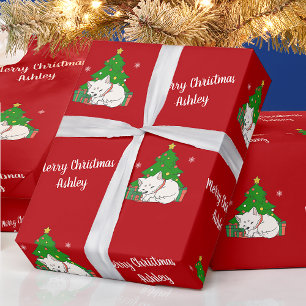 Frohe Weihnachten Niedlichen Katzenbaum Rot Vintag Geschenkpapier