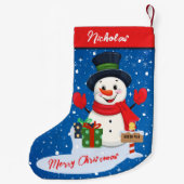 Frohe Weihnachten Niedlicher glücklicher Schneeman Kleiner Weihnachtsstrumpf (Rückseite)