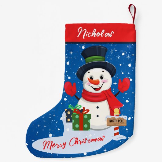 Frohe Weihnachten Niedlicher glücklicher Schneeman Kleiner Weihnachtsstrumpf (Rückseite)