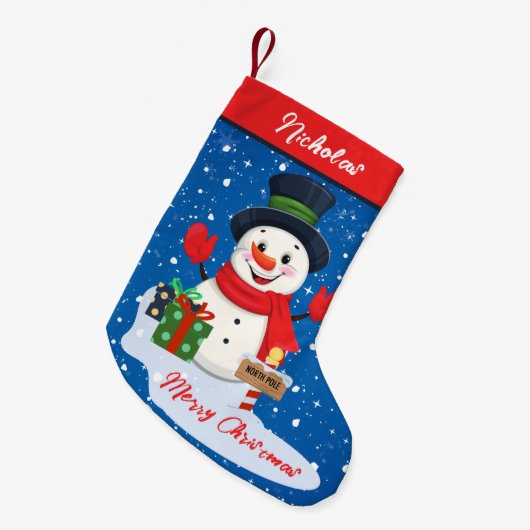 Frohe Weihnachten Niedlicher glücklicher Schneeman Kleiner Weihnachtsstrumpf (Vorderansicht (hängend))