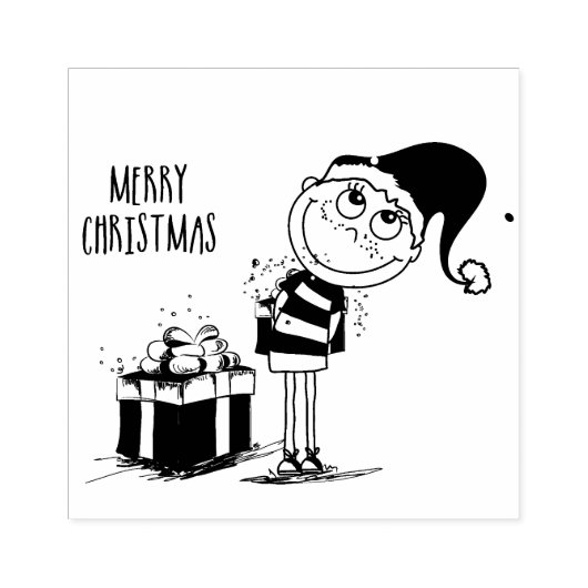 Frohe Weihnachten Niedlicher Junge mit Gegenwart Gummistempel (Prägung)