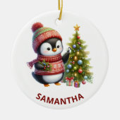 Frohe Weihnachten Niedlicher Pinguin mit Weihnacht Keramik Ornament (Vorne)