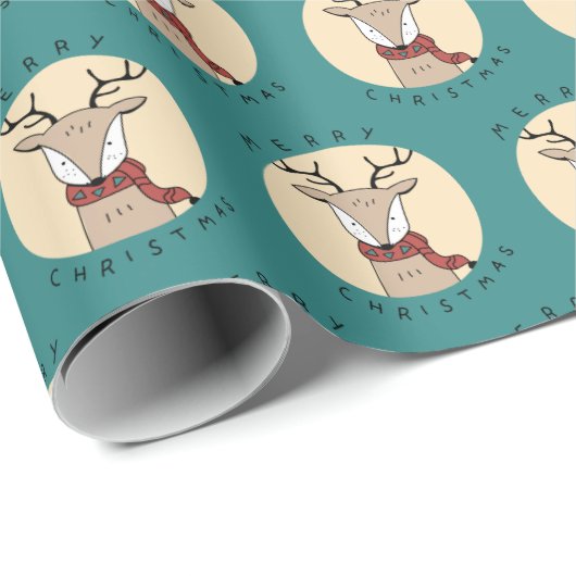 Frohe Weihnachten Niedlicher Rentier mit Scarf Geschenkpapier (Rolleneckpunkt)