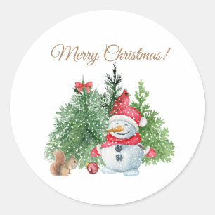 Frohe Weihnachten Niedlicher Schneemann, Eichhörnc Runder Aufkleber