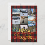 Frohe Weihnachten Nine Foto Collage Grußkarte<br><div class="desc">Die Weihnachtsfotokarte zeigt einen karierten roten Hintergrund mit "Frohe Weihnachten" in der wirbelnden Goldskripttypografie. Sie können neun Fotos mit Ihrem Namen,  Ihrer Nachricht,  Ihrem Titel und Ihrem Jahr hinzufügen.</div>