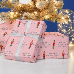 Frohe Weihnachten Nussknacker Name Pink Grau Moder Geschenkpapier