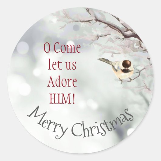Frohe Weihnachten O Lass uns Adore Ihn Bird Runder Aufkleber (Vorderseite)