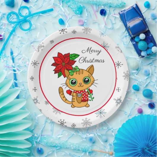 Frohe Weihnachten | Orangefarbene Katze mit Poinse Pappteller (Party)