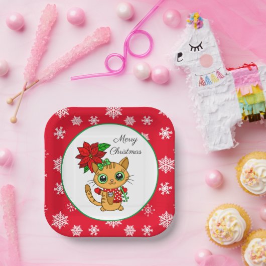 Frohe Weihnachten | Orangefarbene Katze mit Poinse Pappteller (Party)