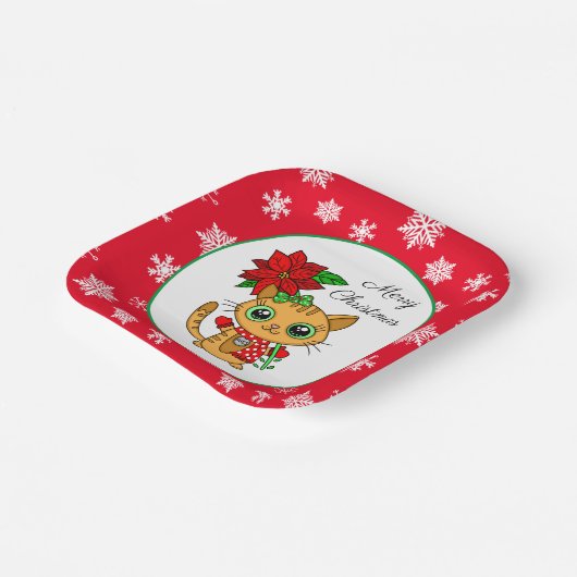 Frohe Weihnachten | Orangefarbene Katze mit Poinse Pappteller (Gewinkelt)