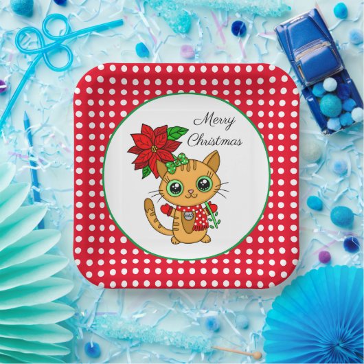 Frohe Weihnachten | Orangefarbene Katze mit Poinse Pappteller (Party)