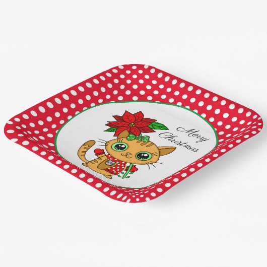 Frohe Weihnachten | Orangefarbene Katze mit Poinse Pappteller (Gewinkelt)