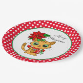 Frohe Weihnachten | Orangefarbene Katze mit Poinse Pappteller (Schrägansicht)