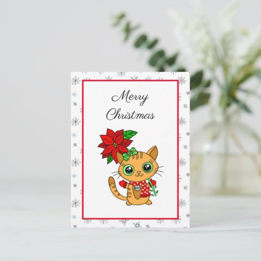 Frohe Weihnachten | Orangefarbene Katze mit Poinse Postkarte (Stehend Vorderseite)