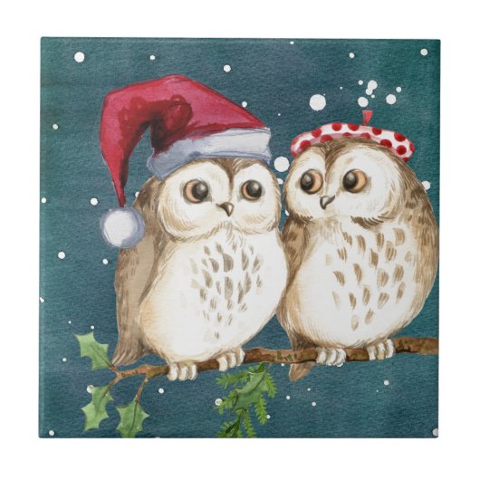 Frohe Weihnachten Owls Fliese (Vorderseite)