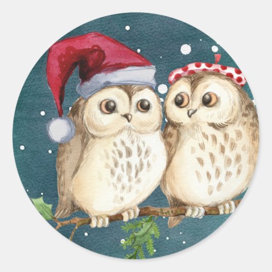 Frohe Weihnachten Owls Runder Aufkleber (Vorderseite)