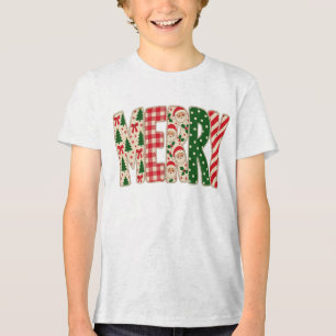 Frohe Weihnachten Patchwork-Typografie Kariert, Tri-Blend Shirt