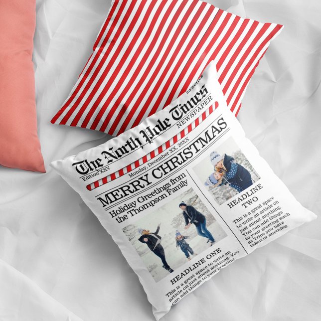 Frohe Weihnachten Personalisierte Zeitung Kissen (Christmas cute whimsical newspaper print photo throw pillow.)