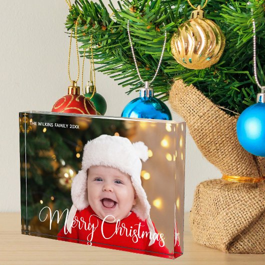 Frohe Weihnachten Personalisiertes White Script Ba Fotoblock