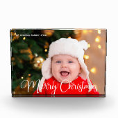 Frohe Weihnachten Personalisiertes White Script Ba Fotoblock (Vorderseite)