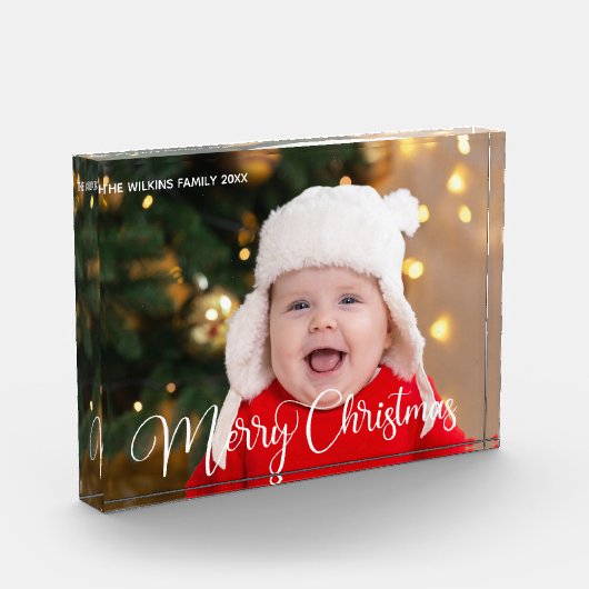Frohe Weihnachten Personalisiertes White Script Ba Fotoblock (Links)