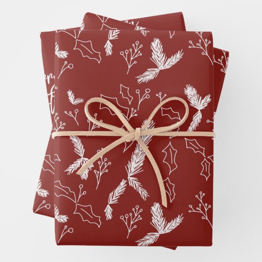 Frohe Weihnachten Pine Berries Muster Red Wrapping Geschenkpapier Set (Beispiel)